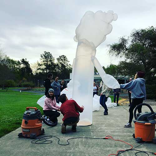 Students creating inflatable artwork.