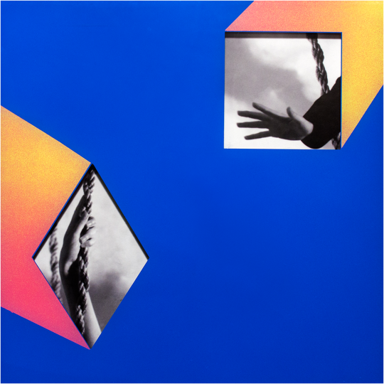 Pictures of hands inside boxes in a colorful background